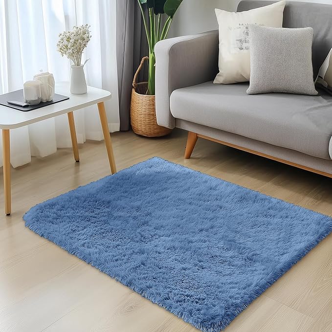 OLANLY 2x3 Machine Washable Small Bedside Rug, Soft Fluffy Shaggy Entryway Throw Rugs for Bedroom, Living Room, Indoor Floor Carpet for Kids Girls and Boys, Home Decor Aesthetic, Blue