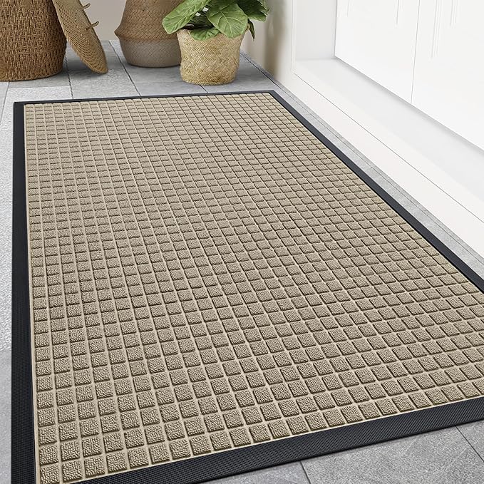 Smiry Front Door Mat Outside Entrance, Heavy Duty Natural Rubber Doormat, Non Slip, Trap Dirt and Moisture, Easy Clean, Low Profile Welcome Floor Mats for Indoor Outdoor Entry, 47x32 Inch, Beige