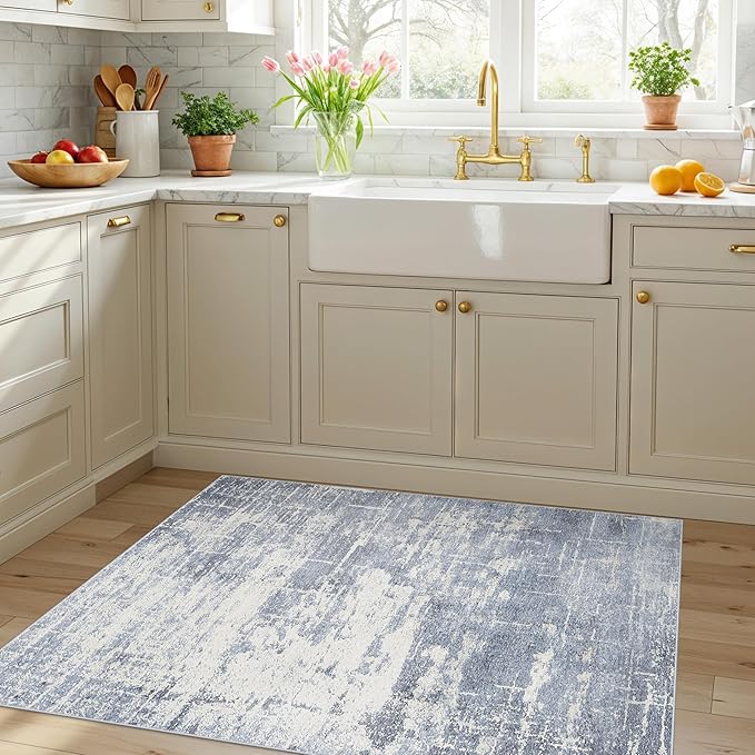 Washable 3x4 Kitchen Area Rugs: Abstract Stain-Resistant Sink Rug Non-Slip Durable Doormat Soft Bedroom Nursery Besides Carpets Indoor Water-Resistant Bathroom Floor Mat for Family(3x4,Blue/Ivory)