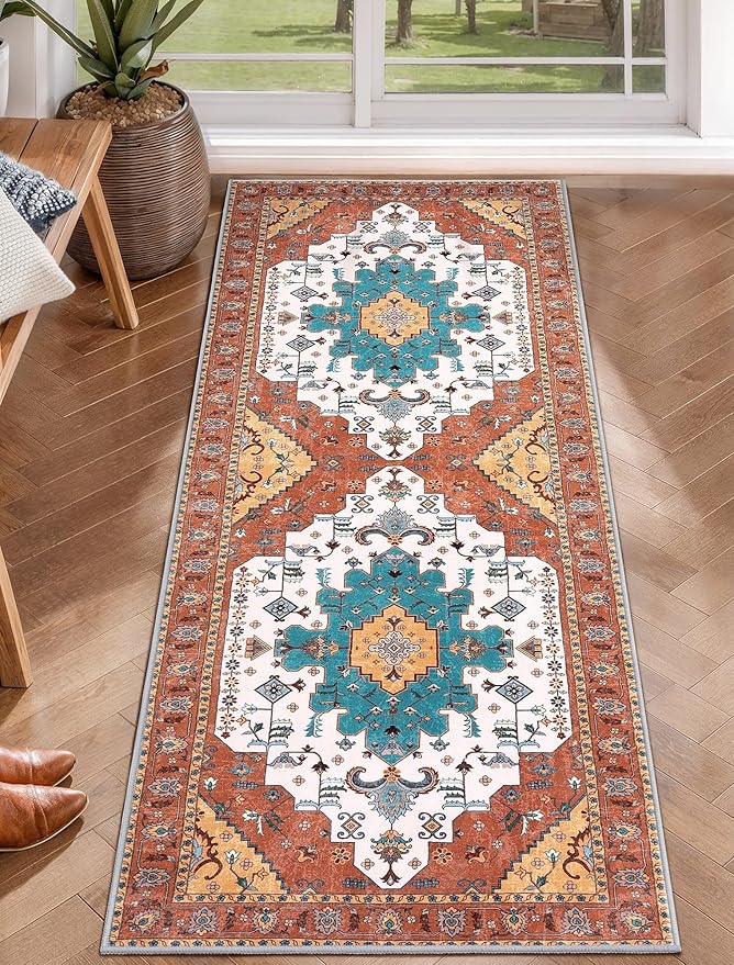 SERISSA Boho Washable Runner Rug, 2x5 Rug Non-Slip Vintage Orange Hallway Kitchen Runner Rug Ultra Soft Print Distressed Floor Carpet for Bedroom Bathroom Laundry Living Room