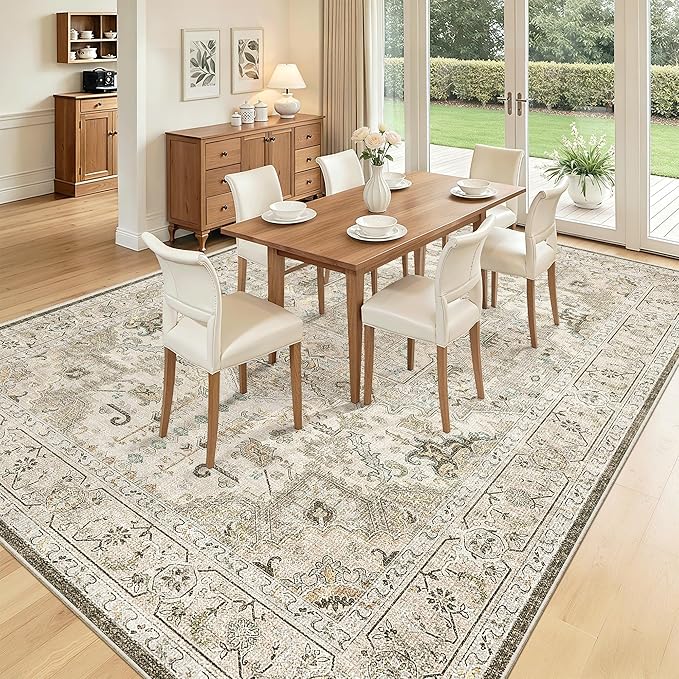 Madane Washable Rug 8x10 Area Rugs for Living Room, Ultra-Thin Non-Slip Backing Rug, Stain Resistant Vintage Large Area Rug for Bedroom (Ivory/Brown, 8'x10')