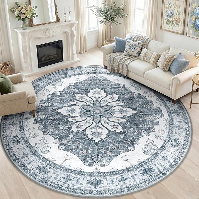 Area Rugs 8ft Washable Non-Slip, Floral Vintage Distress Print Pattern Medallion Carpet for Living Room Bedroom Dining Room, Light Gray Grey White