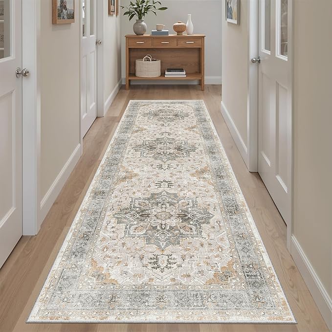 Madane Runner Rug 2'6''x8' Kitchen Runner, Hallway Runner Printed Vintage Rug 2.5x8ft Washable Rugs Soft Non-Slip Low Pile Runners for Hallways Laundry Room Rug, Light Taupe Brown