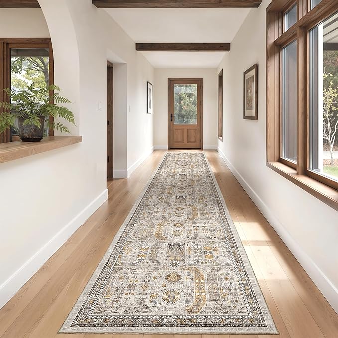 Madane Hallway Runner Rug 2'6''x14' Kitchen Runner, Non Slip Vintage Runners for Hallways Washable Kitchen Rugs Soft Low Pile 2.5x14 ft Rug Runner for Laundry Room, Entryway and Bedroom, Brown/Gold