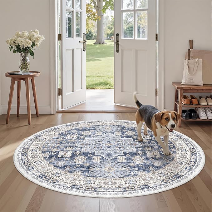 zesthome Washable Round Rug - 5ft Ultra-Thin Circle Area Rugs, Vintage Non-Slip Low Pile Rug for Living Room, Stain Resistant Rug for Bedroom, Entryway, Kitchen, Nursery