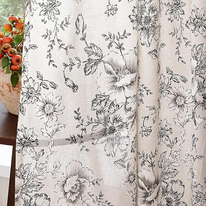 jinchan Linen Floral Curtains Extra Wide for Patio Sliding Glass Door Room Divider Curtain for Living Room 96 Inch Length Farmhouse Peony Black Printed Curtain Set 1 Panel