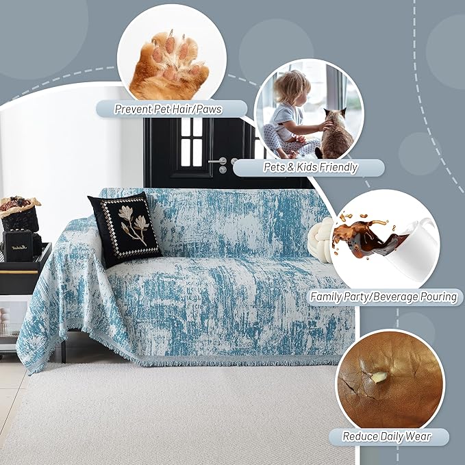 MYSKY HOME Boho Couch Cover for Dogs Washable Sage Abstract Couch Sofa Protector for Cats Pets Friendly Chenille Geometric Sofa Covers Soft Durable Farmhouse Sofa Slipcovers, 71" X102"