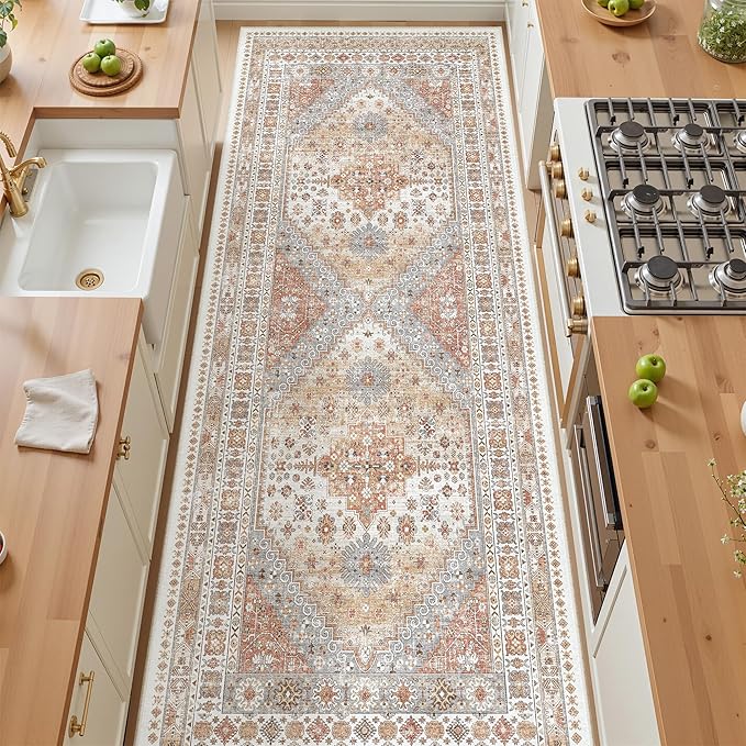 4x10 Runner Rug, Washable Hallway Runner Rug with Non-Slip Backing, Low Pile Wide Runner for Living Room, Entryway, Kitchen, Soft Vintage Home Decor Mat for Dining Room(Orange,4'x10')