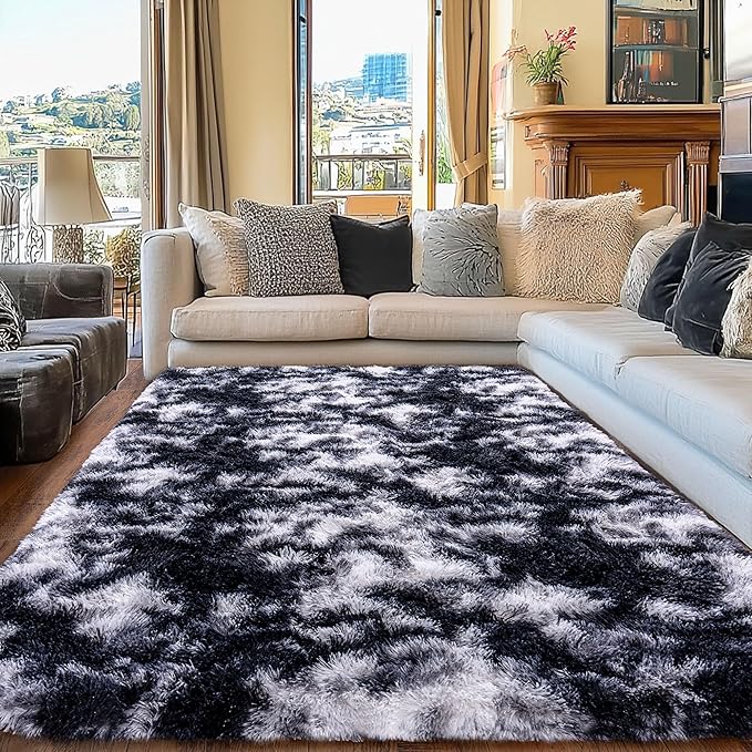 Black and White Rug for Living Room, 6x9 Area Rug for Bedroom, Bedside Indoor Floor Fluffy Shag Carpet, Plush Soft Rug for Boys Girls Kids Room Nursery Dorm Home Decor