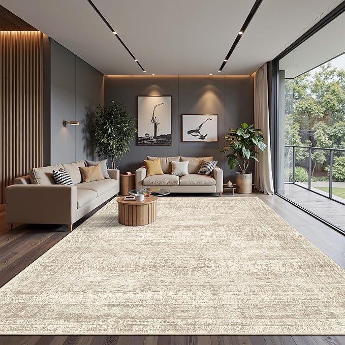 12x15 Washable Area Rug Beige Neutral Abstract Living Room Large Carpet Non Slip Bedroom Indoor Office Dining Room Low Pile Thin Rug