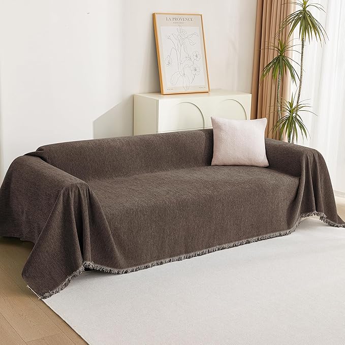 MYSKY HOME Loveseat Cover Deep Chocolate Couch Cover Sectional Couch Covers for 2 Cushion Couch Sofa Thick Universal Chenille Sofa Cover with Tassel Durable Furniture Protector for Dogs 91" x 118"