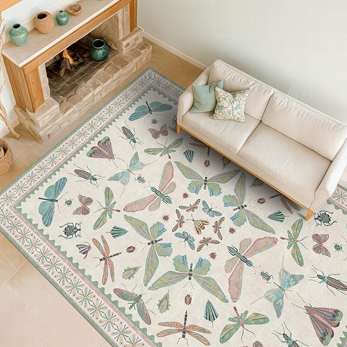 Hazo Haus Green and Blue Nursery Rug 5x8 - Washable Soft Area Rugs for Bedroom Under Bed, Living Room, Vintage Floral Butterfly Fun Indoor Floor Decor