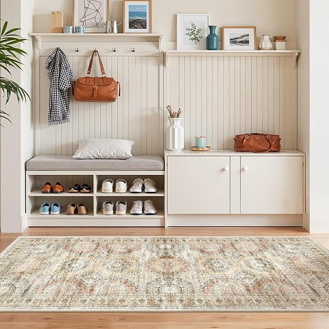 2x5 Rug Runner Washable for Entryway, Soft Bathroom Rugs with Non-Slip Backing, Abstract Low Pile Hallway Runner, Vintage Small Kitchen Carpet for Stair, Laundry Room(2'x5', Brown/Pink)