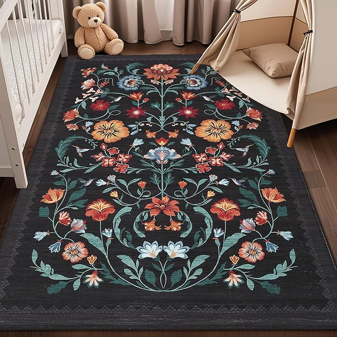 GarveeHome Washable Rug 5x7 Area Rugs for Living Room, Floral Rug for Bedroom, Soft Boho Non Slip Throw Rugs with Rubber Back, Low Pile Stain Resistant Vintage Floral Carpet for Dining Room, Black