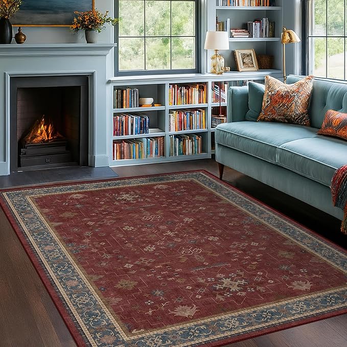 5x7 Boho Dark Red Rug for Living Room - Vintage Oriental Revival Low-Pile Carpet for Bedroom, Dining Table, Home Office, Machine Washable Area Rug Non-Slip with Rubber Back