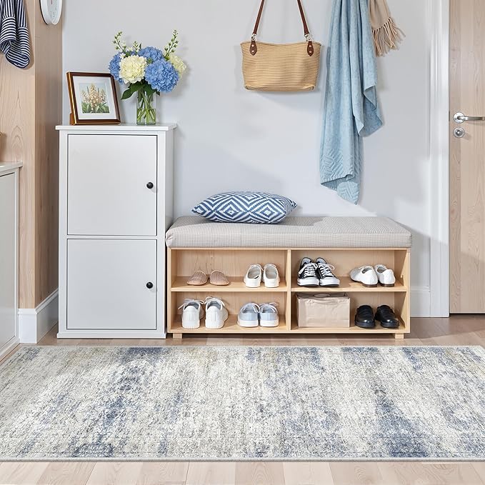 Washable Runner Rugs for Bedroom - 2x6 Runner Rug Non Slip, Ultra-Thin Entryway Runner, Soft Abstract Kitchen Runner for Hallway, Laundry, Indoor Door Mat(2'x6', Blue/Brown/Ivory)