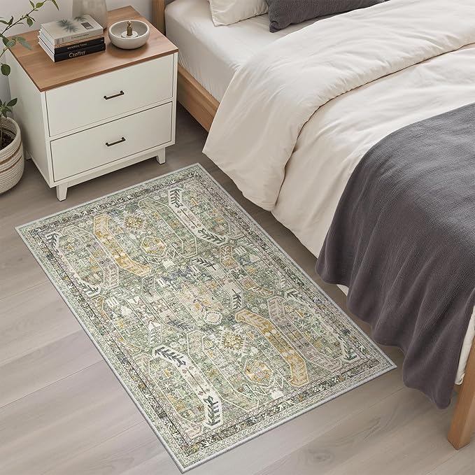 Madane Washable Area Rug 2x3, Small Entryway Rug Non-Slip Vintage Door Mat Indoor Entrance, Low Pile Floor Carpet for Inside Front Door Bedroom Kitchen Entry Laundry (2'x3', Green/Gold)