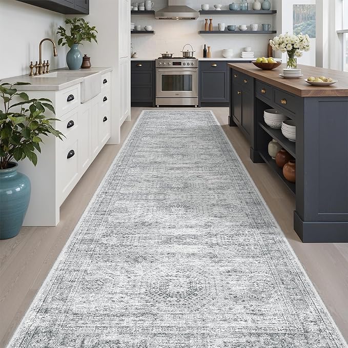Runner Rug 3x12 Washable Non-Slip Hallway Runner Rugs for Kitchen Bathroom Laundry Room Grey Vintage Floor Carpet Runners for Hallways Entryway