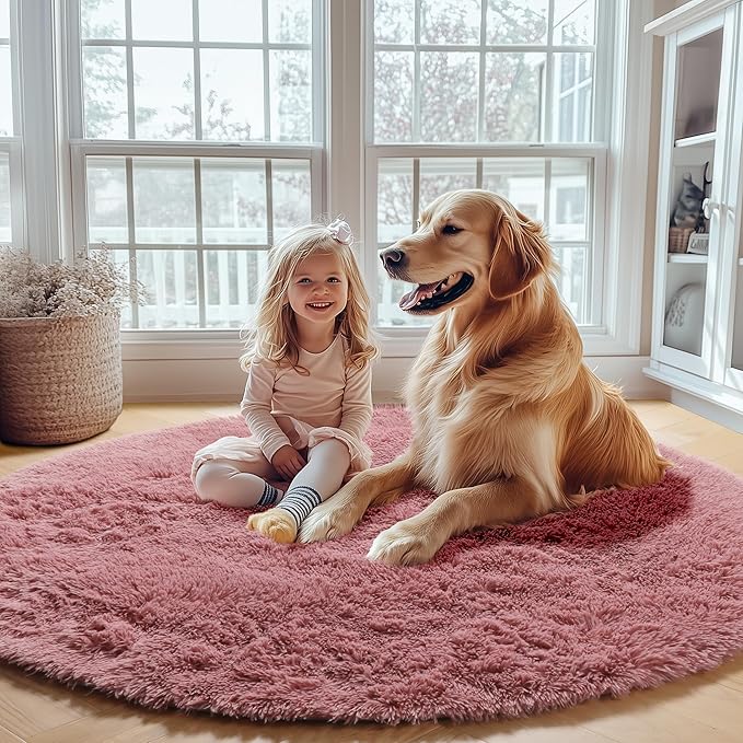 ONASAR Blush Round Area Rugs 4ft for Bedroom Living Room, Fluffy Circle Rug for Kids Girls Boys Teen, Soft Plush Shaggy Carpet for Nursery Dorm Classroom Playroom Home Decor Aesthetic