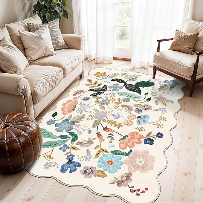 4x6 Living Room Area Rugs: Washable Boho Kitchen Rugs Non Slip Low-Pile Small Bedside Carpet for Bedroom Nursery Water-Resistant Beside Rug Non-Shedding Floor Mat for Kids Pets Family(4x6，Cream)