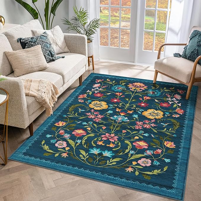 GarveeHome Washable Rug 4x6 Area Rugs for Living Room, Floral Rug for Bedroom, Soft Boho Non Slip Throw Rugs with Rubber Back, Low Pile Stain Resistant Vintage Floral Carpet for Dining Room, Blue