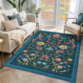 GarveeHome Washable Rug 3x5 Area Rugs for Living Room, Floral Rug for Bedroom, Soft Boho Non Slip Throw Rugs with Rubber Back, Low Pile Stain Resistant Vintage Floral Carpet for Dining Room, Blue