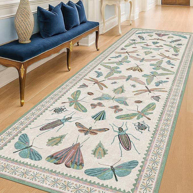 Insect Print 8ft Long Hallway Runner Rug - 2'6''x8' Light Green Rug for Kitchen Floor, Wide Entryway Runner Rug, Washable Non Slip with Rubber Backing, Cool Butterfly Indoor Decor