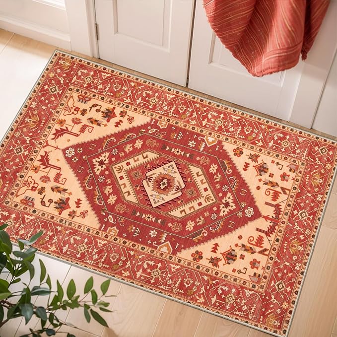 SERISSA Boho Rugs for Entryway, 2x3 Washable Non-Slip Entryway Rug Small Area Rug, Ultra Soft Oriental Vintage Red Low-Pile Indoor Door Mat Floor Carpet for Entrance Bedroom Kitchen Bathroom