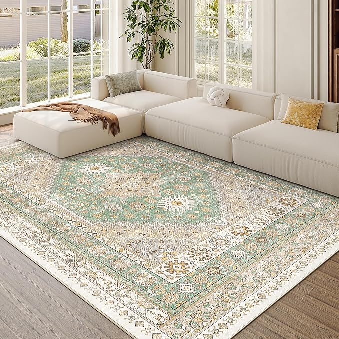 zesthome 5x7 Area Rugs - Ultra-Thin Washble Rug, Stain Resistant Anti Slip Backing Rugs for Living Room,Bedroom, Vintage Home Decor Area Rug (Green/Brown,5'x7')