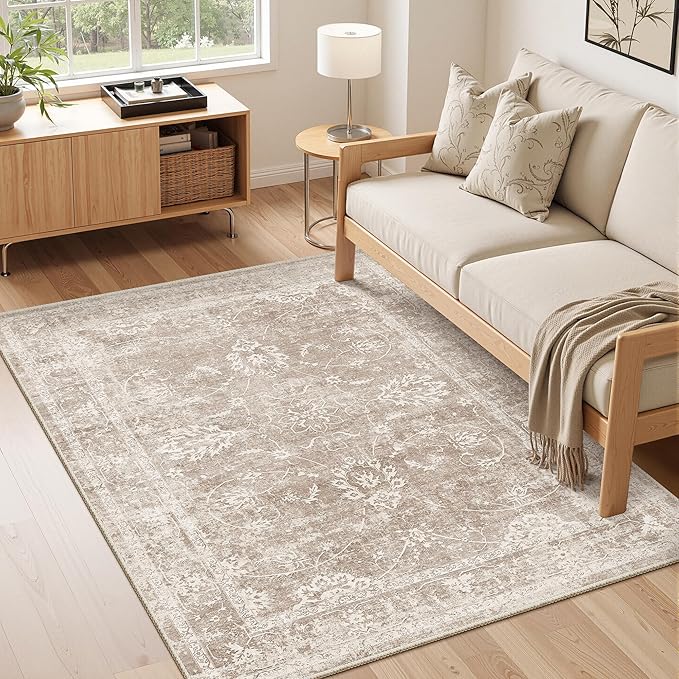 Madane Washable Area Rug 4x6, Low Pile Stain Resistant Vintage Area Rugs, Non Slip Accent Rug Floral Print Indoor Mat for Entryway Living Room Kitchen Bedroom, Brown/Sand