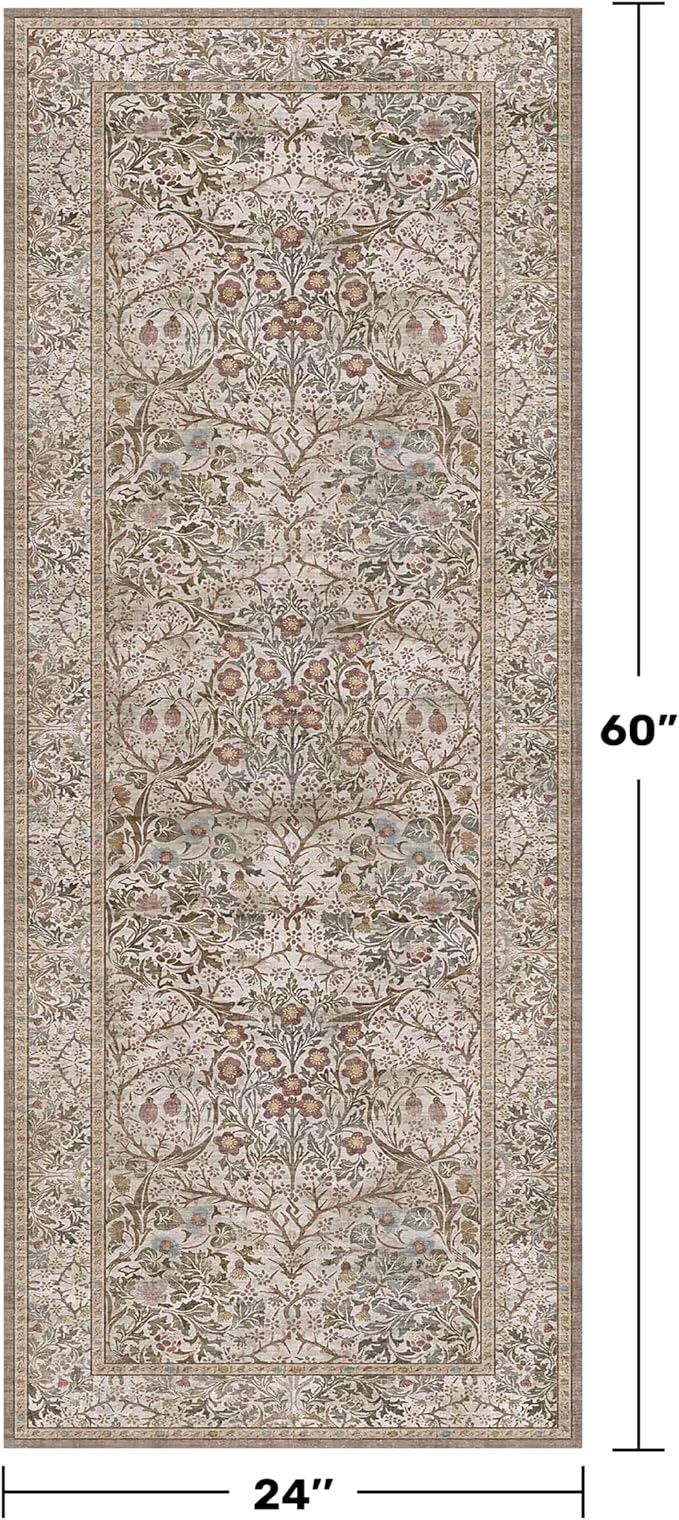 Hazo Haus Moss Green 2x5 Bathroom Rug Runners Non Slip Washable - Neutral Runner Rug for Kitchen Floor, Bedroom, Laundry Room, Hallway - Thin Vintage Oriental Taupe Bathroom Rugs Stain Resistant
