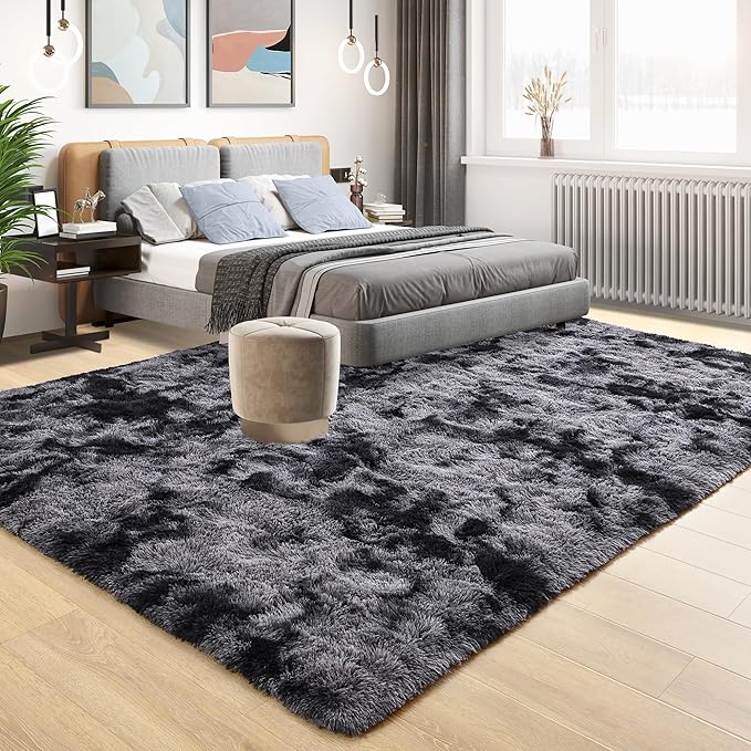 Tepook Area Rugs 10x14 for Living Room, Super Soft Fluffy Rugs for Bedroom, Modern Shaggy Rug Fuzzy Carpets for Kids, Plush Indoor Nursery Home Decor Rug with Non-Slip Bottom, Tie-Dyed Dark Grey