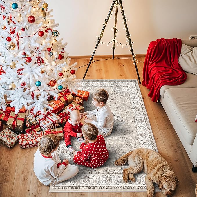3x5 Living Room Area Rugs: Vintage Washable Non-Slip Rug for Bedroom Dining Room Soft Carpet for Nursery Kitchen Home Office Durable & Easy-Clean Design Perfect for Homes with Cats & Dogs(3x5 Beige)