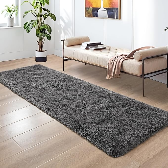 Tepook Fluffy Runner Rugs for Bedroom Aesthetic 2x6 Feet, Shag Soft Bedside Rug with Non-Slip Bottom, Fuzzy Plush Carpet for Room, Hallway Rug for Nursery Dorm Indoor Home Decor, Dark Grey