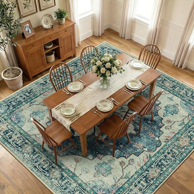 Area Rugs Square 10ft Washable Non-Slip, Floral Vintage Distress Print Pattern Medallion Carpet for Living Room Bedroom Dining Room, Dark Blue Vintage