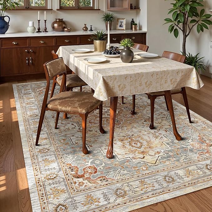 Washable Area Rug 8' x 10' Vintage Traditional Persian Mat - Foldable Distressed Non-Slip Machine Washable Carpet for Living Room Bedroom Kitchen Home Decor - Dove Gray and Coral