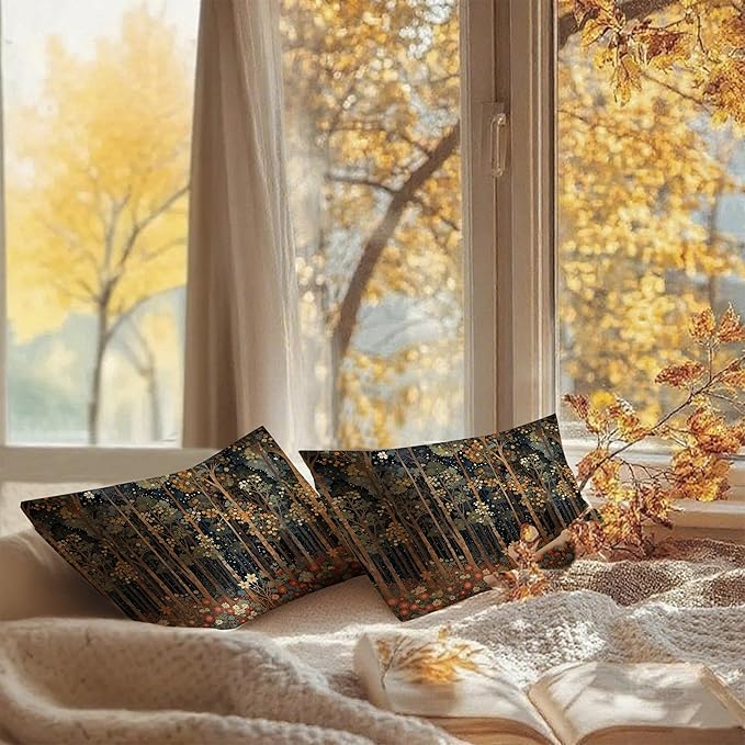 Rustic William Morris Inspired Autumn Forest Pillow Covers 12x20 Set of 2,Vintage Botanical Nature Landscape Decorative Throw Pillow Covers for Home Bedroom Living Room,Fall Home Room Decor