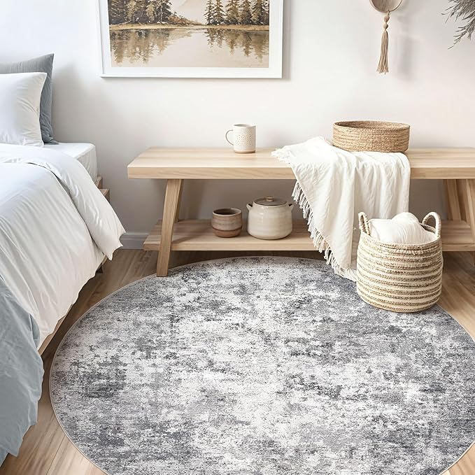 UERMEI 6ft Round Area Rug Living Room Rugs - 6x6 Washable Neutral Modern Abstract Soft Thin Rug Indoor Floor No Slip Rug Carpet for Bedroom Under Dining Table Home Office Decor - Grey