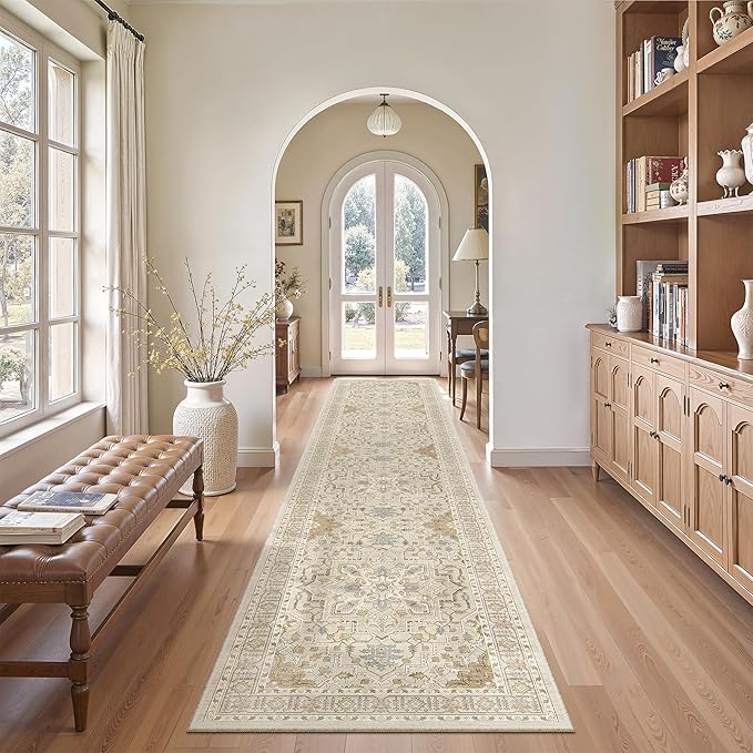 Madane Runner Rugs for Hallway 2x10 Long Washable Non-Slip Hallway Runner Rug Low-Pile Stair Kitchen Runner Soft Throw Carpet for Entrance Living Dining Laundry Room (Beige/Blue, 2 x 10)