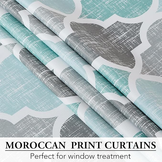 Beauoop 100% Blackout Curtains 84 Inches Long for Patio Sliding Door Aqua Grey Extra Wide Moroccan Geo Room Darkening Thermal Soundproof Room Divider Grommet Window Treatment Drapes,100x84 Set of 1