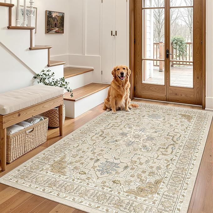 Madane Area Rug 3x5, Entryway Washable Vintage Runners Bedroom Non Slip Indoor Kitchen Runner for Living Room Laundry Room Playroom Soft Non-Slip Area Rugs, Beige/Blue