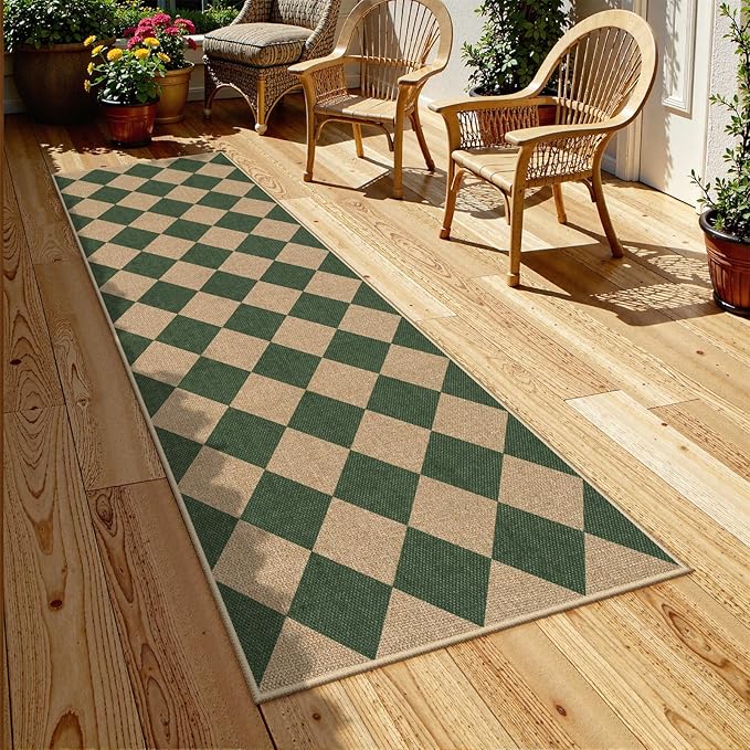 Lahome Colette Checkered Kitchen Runner, 2x8 Easy Jute Runner Rug for Hallway Entryway, Farmhouse Indoor Outdoor Non Slip Non Shedding Green Carpet for Laundry Bedroom Porch Corridor