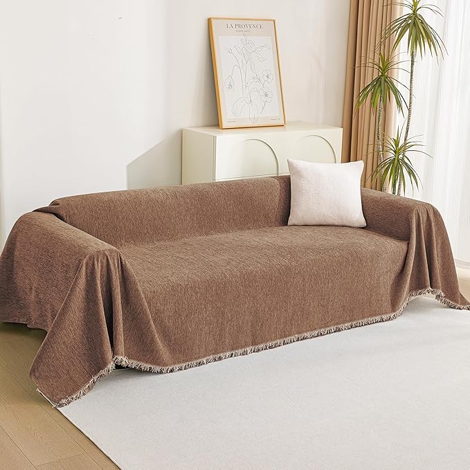 MYSKY HOME Loveseat Cover Camel Couch Cover Sectional Couch Covers for 2 Cushion Couch Sofa Thick Universal Chenille Sofa Cover with Tassel Durable Furniture Protector for Dogs 91" x 118"