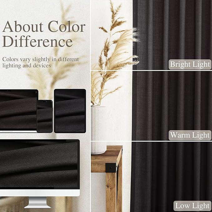 Vintage Black Linen Curtains 108 Inches Long for Living Room Light Filtering Semi Sheer Curtain Back Tab Floor to Ceiling High Window Gothic Vintage Decor Drapes for Bedroom Office 52x108,2 Panels
