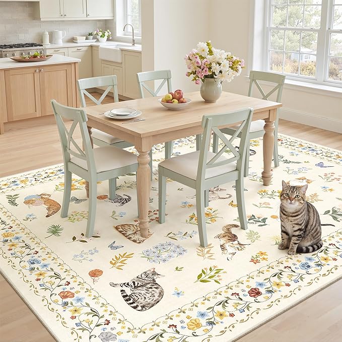 Cat 5x7 Area Rugs for Living Room, Machine Washable Animal Floral Vintage Rug Non-Slip Low Pile Soft Throw Rugs for Kitchen Dining Room Bedroom Nursery Playroom (5 x 7,Beige)
