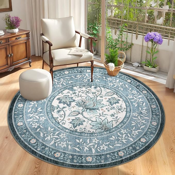 GarveeHome Misty Blue Botanical Grove 6ft Round Rug, Small Circle Vintage Cottagecore Soft Low-Pile Non-Slip Washable Rugs for Living Room Bedroom Nursery Kitchen Retro Carpet