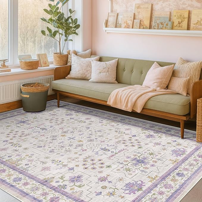 Hazo Haus 6x9 Lavender Rug for Bedroom, Kids Playroom, Non Slip Large Washable Living Room Area Rug, Low Pile Stain Resistant Foldable Boho Fairy Décor