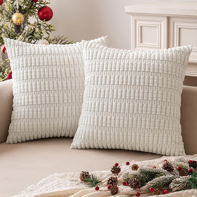 MIULEE Pack of 2 Corduroy Decorative Euro Sham Throw Pillow Covers 24x24 Inch Soft Boho Striped Pillow Covers Modern Farmhouse Home Decor for Sofa Living Room Couch Bed Pure White