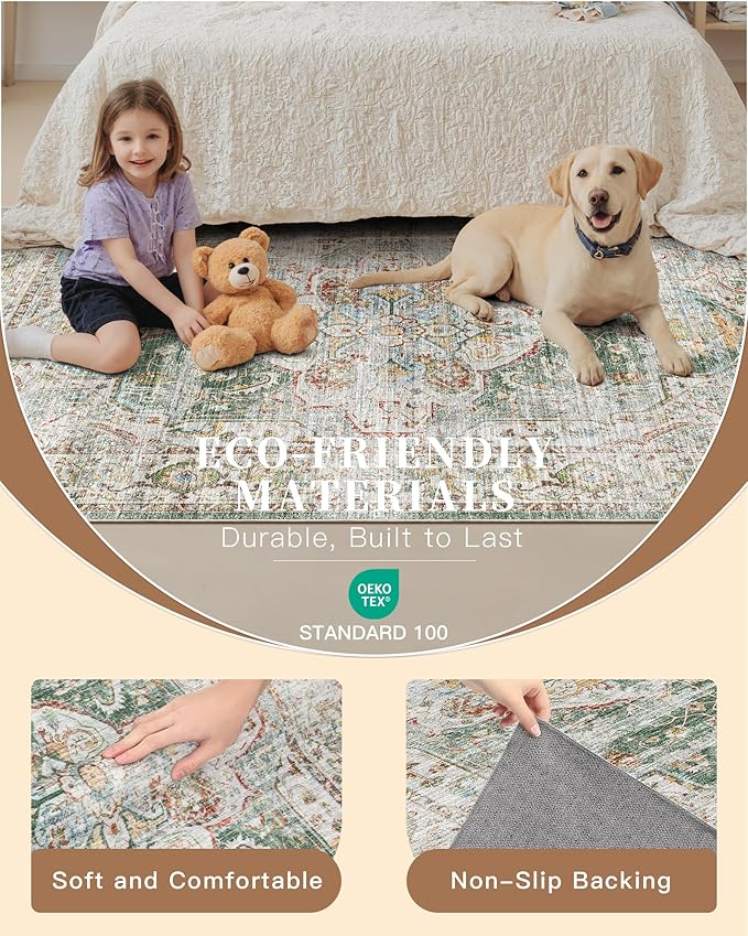 Madane Runner Rug 2x8, Washable Hallway Runner Rugs, Non-Slip Low-Pile Soft Kitchen Rug Runner Laundry Room Rug, Vintage Throw Entry Foyer Mat for Entrance Living Room (Green, 2 x 8)