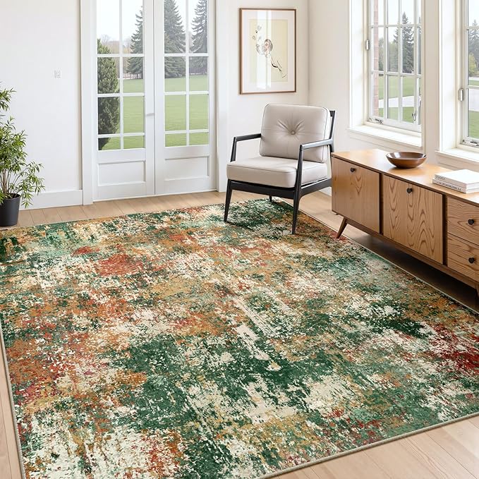 Washable Area Rugs 7'x9' Non-Slip Modern Abstract Soft for Living Room Entryway Bedroom Nursery, Print Pattern, Green Orange Rust Red Cream Colorful